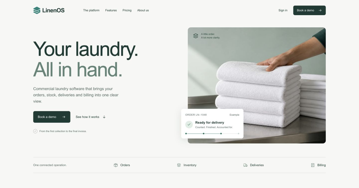 The live LinenOS marketing website, with its Your laundry. All in hand. headline and illustrative linen imagery